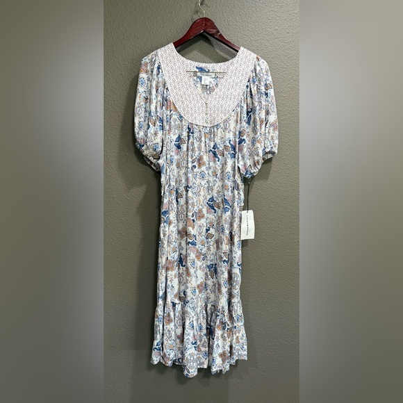 Lucky Brand Dresses & Skirts - Lucky Brand Puff Dolman Sleeve Boho Floral Midi Dress Ruffle Hem Sz L NWT
